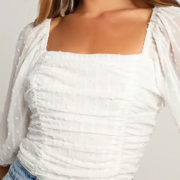 Lulus Think of Me Ivory Swiss Dot Ruched Bodysuit - Picture 2 of 7